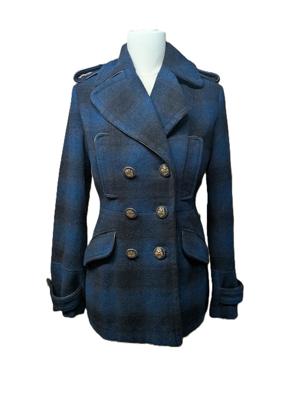Vtg Y2K Peacoat M60 blue and black Miss Sixty plaid military coat Size S